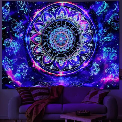 Yuiqear Blacklight ماندالا نسيج الأشعة فوق البنفسجية كوكبة رد الفعل زودياك علم التنجيم المفروشات الجمالية الهندية الهبي جدار ديكور مخدر غالاكسي الفضاء نسيج الجدار شنقا لغرفة النوم in Kuwait