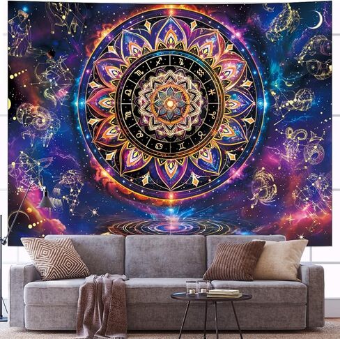 Yuiqear Blacklight ماندالا نسيج الأشعة فوق البنفسجية كوكبة رد الفعل زودياك علم التنجيم المفروشات الجمالية الهندية الهبي جدار ديكور مخدر غالاكسي الفضاء نسيج الجدار شنقا لغرفة النوم in Kuwait