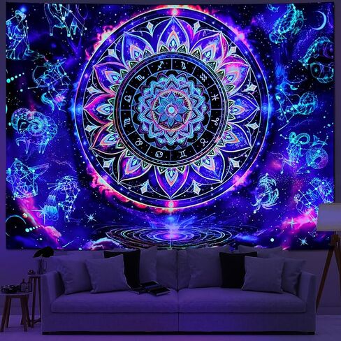 Yuiqear Blacklight ماندالا نسيج الأشعة فوق البنفسجية كوكبة رد الفعل زودياك علم التنجيم المفروشات الجمالية الهندية الهبي جدار ديكور مخدر غالاكسي الفضاء نسيج الجدار شنقا لغرفة النوم in Kuwait