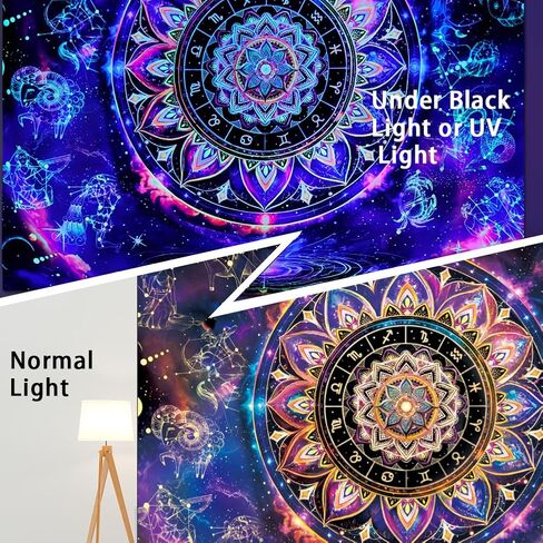 Yuiqear Blacklight ماندالا نسيج الأشعة فوق البنفسجية كوكبة رد الفعل زودياك علم التنجيم المفروشات الجمالية الهندية الهبي جدار ديكور مخدر غالاكسي الفضاء نسيج الجدار شنقا لغرفة النوم in Kuwait