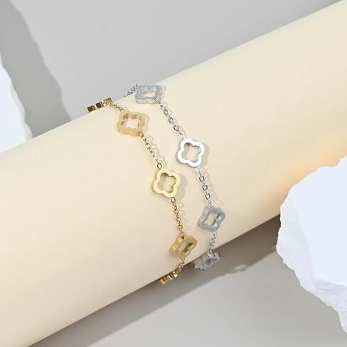 18K Gold Plated Trendy Hollow Clover Bracelet for Women | Lucky Four-Leaf Clover Link Bracelet | Best Bracelet for Stack | Love Friendship Clover Designer Bracelet Jewelry Gift. in Saudi Arabia
