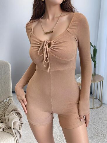 المرأة طويلة الأكمام رومبير ساحة العنق الجبهة التعادل تصميم Ruched المجهزة السراويل متماسكة بذلة M5082A in Saudi Arabia