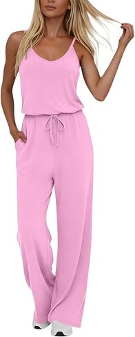 YRAETENM Jumpsuits for Women Dressy Sleeveless Spaghetti Strap Wide Leg Long Pants Casual Loose Summer Rompers with Pockets in Saudi Arabia
