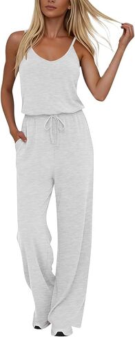 YRAETENM Jumpsuits for Women Dressy Sleeveless Spaghetti Strap Wide Leg Long Pants Casual Loose Summer Rompers with Pockets in Saudi Arabia