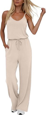 YRAETENM Jumpsuits for Women Dressy Sleeveless Spaghetti Strap Wide Leg Long Pants Casual Loose Summer Rompers with Pockets in Saudi Arabia