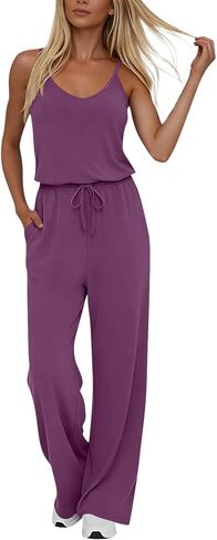 YRAETENM Jumpsuits for Women Dressy Sleeveless Spaghetti Strap Wide Leg Long Pants Casual Loose Summer Rompers with Pockets in Saudi Arabia