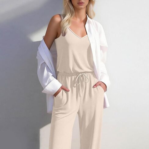 YRAETENM Jumpsuits for Women Dressy Sleeveless Spaghetti Strap Wide Leg Long Pants Casual Loose Summer Rompers with Pockets in Saudi Arabia