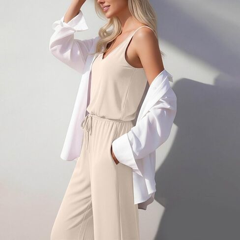 YRAETENM Jumpsuits for Women Dressy Sleeveless Spaghetti Strap Wide Leg Long Pants Casual Loose Summer Rompers with Pockets in Saudi Arabia