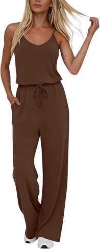 YRAETENM Jumpsuits for Women Dressy Sleeveless Spaghetti Strap Wide Leg Long Pants Casual Loose Summer Rompers with Pockets in Saudi Arabia