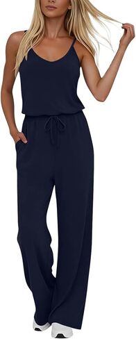 YRAETENM Jumpsuits for Women Dressy Sleeveless Spaghetti Strap Wide Leg Long Pants Casual Loose Summer Rompers with Pockets in Saudi Arabia
