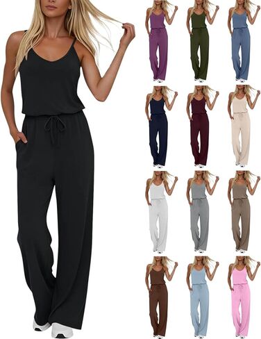 YRAETENM Jumpsuits for Women Dressy Sleeveless Spaghetti Strap Wide Leg Long Pants Casual Loose Summer Rompers with Pockets in Saudi Arabia