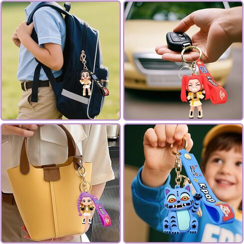 مجموعة سلاسل مفاتيح Demon Hunters مكونة من 4 قطع، تمثال دمية لطيف يمكن تجميعه - سلعة رسمية لصيادي الشياطين للمعجبين، حقيبة سحرية وهدية ألعاب in Kuwait