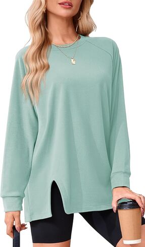Odosalii المرأة Crewneck البلوز فضفاضة تيشيرت ضيق بأكمام طويلة قمصان العصرية المتضخم سترة الموضة الجانب الشق البلوز القمم in Kuwait