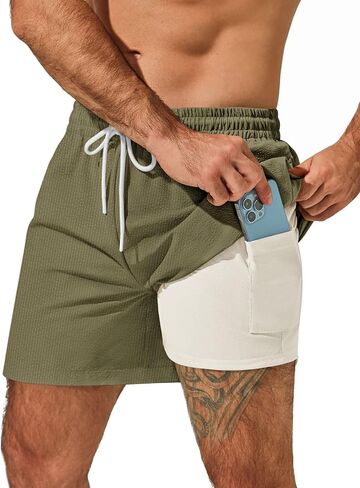 Yousify Men's Casual Shorts with Compression Liner Textured Drawstring Elastic Waist Summer Quick Dry Gym Shorts with Pockets in Saudi Arabia
