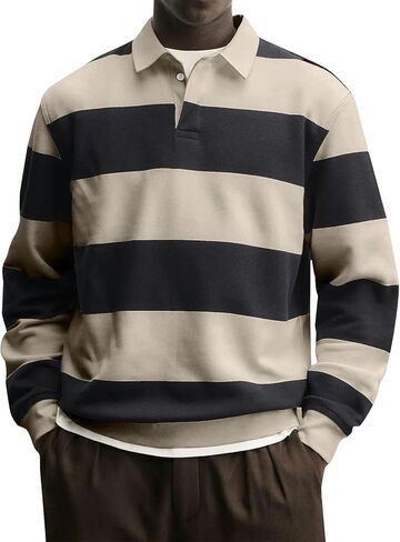 JOFOW Striped Polo Shirts for Men Loose Fit Color Block Long Sleeve Button Up Lightweight Golf Shirts in Saudi Arabia