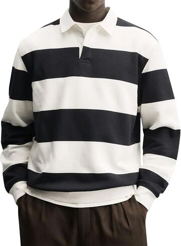 JOFOW Striped Polo Shirts for Men Loose Fit Color Block Long Sleeve Button Up Lightweight Golf Shirts in Saudi Arabia