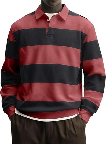 JOFOW Striped Polo Shirts for Men Loose Fit Color Block Long Sleeve Button Up Lightweight Golf Shirts in Saudi Arabia