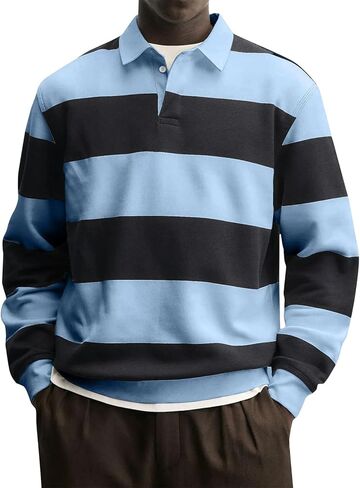 JOFOW Striped Polo Shirts for Men Loose Fit Color Block Long Sleeve Button Up Lightweight Golf Shirts in Saudi Arabia