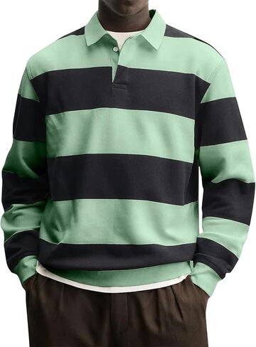JOFOW Striped Polo Shirts for Men Loose Fit Color Block Long Sleeve Button Up Lightweight Golf Shirts in Saudi Arabia
