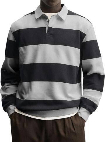 JOFOW Striped Polo Shirts for Men Loose Fit Color Block Long Sleeve Button Up Lightweight Golf Shirts in Saudi Arabia