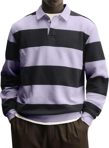 JOFOW Striped Polo Shirts for Men Loose Fit Color Block Long Sleeve Button Up Lightweight Golf Shirts in Saudi Arabia