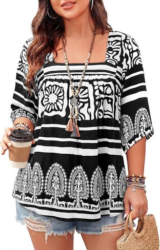 Bulotus Women's Plus Size Tops Square Neck 3/4 Sleeve Linen Blouse Oversized Tunic Boho Vacation Clothes 2026 1XL-5XL in Kuwait