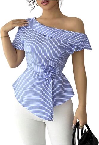 OYOANGLE Women's Off The Shoulder Striped Blouse Short Sleeve Cinched Waist Asymmetrical Dressy Tops in Saudi Arabia