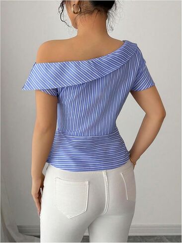 OYOANGLE Women's Off The Shoulder Striped Blouse Short Sleeve Cinched Waist Asymmetrical Dressy Tops in Saudi Arabia