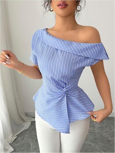 OYOANGLE Women's Off The Shoulder Striped Blouse Short Sleeve Cinched Waist Asymmetrical Dressy Tops in Saudi Arabia