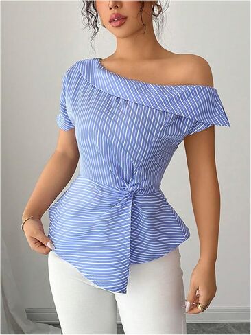 OYOANGLE Women's Off The Shoulder Striped Blouse Short Sleeve Cinched Waist Asymmetrical Dressy Tops in Saudi Arabia