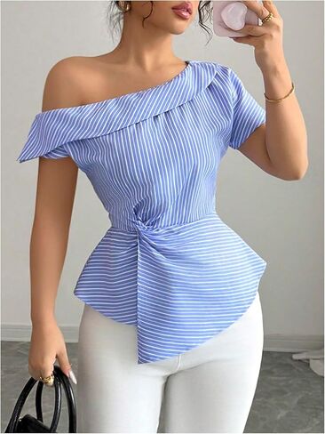 OYOANGLE Women's Off The Shoulder Striped Blouse Short Sleeve Cinched Waist Asymmetrical Dressy Tops in Saudi Arabia