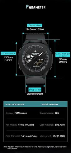 ساعة نورث ايدج ميركوري الرياضية الرقمية للرجال مقاومة للماء في الهواء الطلق مع التوقيت العالمي، ساعة إيقاف، العد التنازلي، 5 منبهات، تقويم تلقائي، إضاءة خلفية LED، ساعة لياقة بدنية متعددة الوظائف للسفر والجري in Kuwait