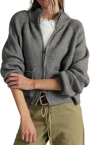 Women's Chunky Knit Open Front Sweater Long Sleeve Zip Up Cable Cardigan with Pockets Outerwear Coats in Saudi Arabia
