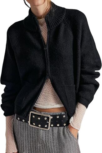 Women's Chunky Knit Open Front Sweater Long Sleeve Zip Up Cable Cardigan with Pockets Outerwear Coats in Saudi Arabia