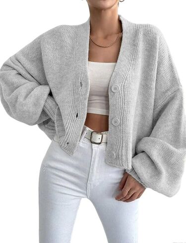 yoeasy Womens Cropped Cardigans Sweater Trendy Fall Lantern Sleeve Button Down Loose Open Front Knit Sweater Top in Saudi Arabia