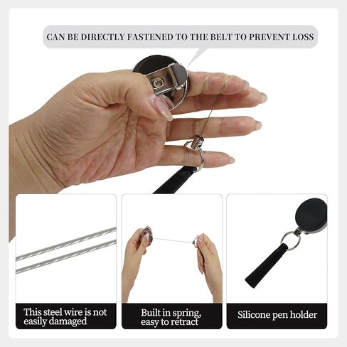 حامل أقلام قابل للسحب، 4 قطع 35 بوصة سلك فولاذي شديد التحمل قابل للسحب حامل قلم رصاص - بكرة قلم بمشبك حزام معدني للنجارين والممرضات وعمال البناء والاستخدام المكتبي والخارجي in Kuwait