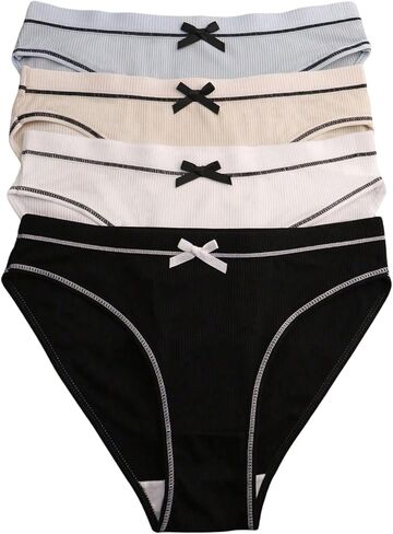 SHENHE Women's 4 Pack Bikini Underwear Bow Front Ribbed Comfy Soft Mid Rise Panties in Saudi Arabia