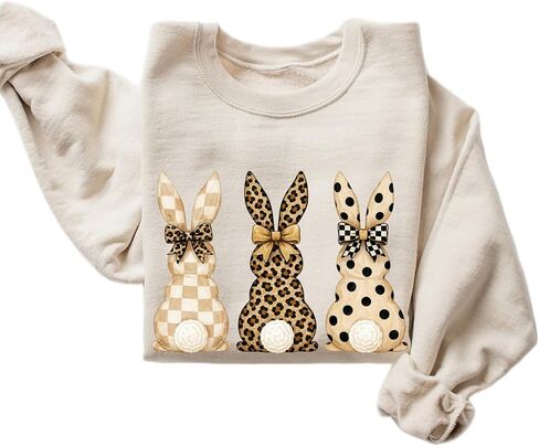 Neutral Easter Bunny Trio Sweatshirt for Women – Plaid Leopard Polka Dot Spring Crewneck in Kuwait