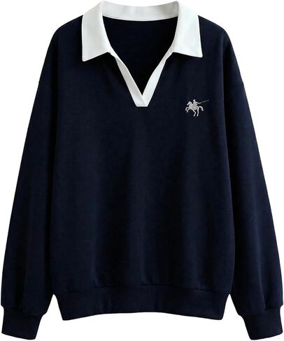 SOLY HUX Women's Long Sleeve Sweatshirts Collared V Neck Loose Pullover Preppy Tops in Saudi Arabia