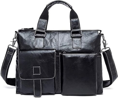 حقيبة جلدية للرجال حقيبة كمبيوتر محمول مقاوم للماء ريترو الأعمال السفر رسول للرجال 14 بوصة، مثالية للاستخدام اليومي/عيد الميلاد (أسود) in Kuwait