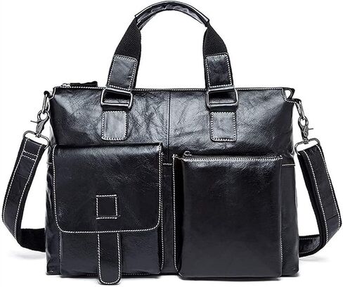 حقيبة جلدية للرجال حقيبة كمبيوتر محمول مقاوم للماء ريترو الأعمال السفر رسول للرجال 14 بوصة، مثالية للاستخدام اليومي/عيد الميلاد (أسود) in Kuwait