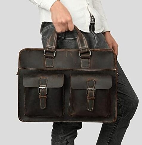 Leather Messenger Bag for Men,Vintage Laptop Briefcase Satchel, Large Water Resistant School Work (Size:41x30x10cm)(Brown) in Kuwait