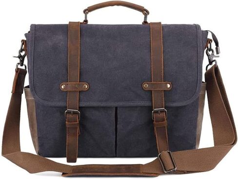 Mens Messenger Bag Waxed Canvas Briefcase Large Satchel Shoulder Rugged Leather Computer Laptop Bag(Size: 40x 31x10cm)(Gray) in Kuwait