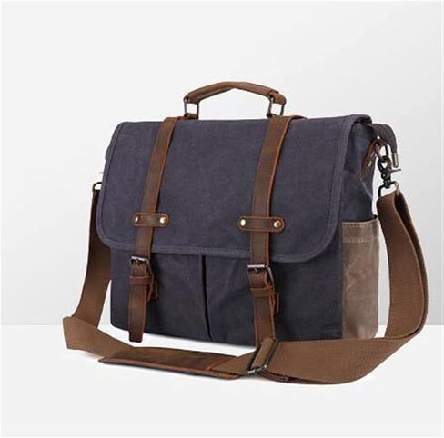 Mens Messenger Bag Waxed Canvas Briefcase Large Satchel Shoulder Rugged Leather Computer Laptop Bag(Size: 40x 31x10cm)(Gray) in Kuwait