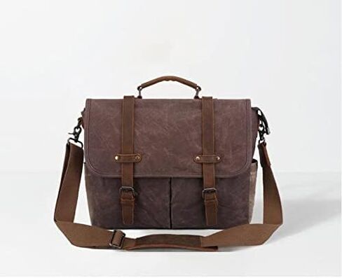 Mens Messenger Bag Waxed Canvas Briefcase Large Satchel Shoulder Rugged Leather Computer Laptop Bag(Size: 40x 31x10cm)(Gray) in Kuwait