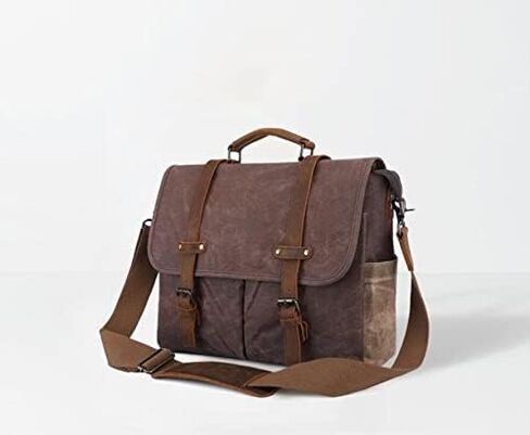 Mens Messenger Bag Waxed Canvas Briefcase Large Satchel Shoulder Rugged Leather Computer Laptop Bag(Size: 40x 31x10cm)(Gray) in Kuwait