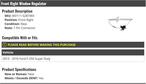 Front Right Passenger Side Power Window Regulator Assembly - with 7-Pin Connector - Compatible with 2013-2016 Ford F-250 Super Duty W0111-S287493 in Saudi Arabia