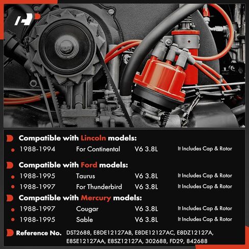 A-Premium Ignition Distributor with Cap and Rotor Compatible with Ford Taurus 1988-1995, Thunderbird 1988-1997 & Lincoln Continental 1988-1994 & Mercury Cougar 1988-1997, Sable 1988-1995, 3.8L in Saudi Arabia