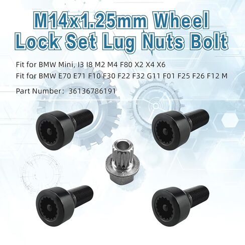 5Pcs 36136786191 M14x1.25mm Wheel Lock Set Lug Nuts Bolt Fit for BMW Mini I3 I8 M2 M4 F80 X2 X4 X6 Anti-Theft Wheel Locks with Key Black Lug Nut Kit Replacement in Kuwait