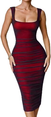 LAGSHIAN Women's Casual Sexy Bodycon Tank Dress Sleeveless Ruched Mesh Midi Club Dresses in Kuwait